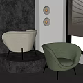 Beige and Green Single Sofa in Interior with Grey Platform Round Wall Decorations and Window 3d model