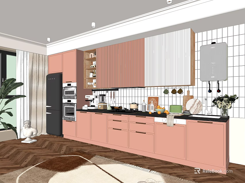 Modern Kitchen Interior Featuring Pink Cabinets Tile Backsplash Countertop And Appliances 3d model