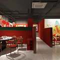 Traditional Hot Pot Restaurant Interior With Red Lanterns And Dining Tables Setup 3d model