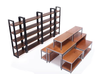 Step Design Multi Tiered Display Shelves With Wooden Layers And Metal Frames 3d model