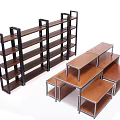 Step Design Multi Tiered Display Shelves With Wooden Layers And Metal Frames