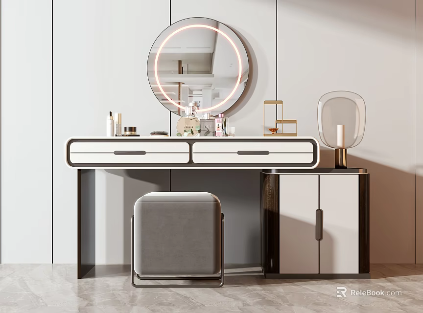 Modern Dressing Table With Circular Illuminated Mirror Cosmetics Stool And Cabinet 3d model 