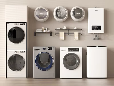 Different Types of Washing Machines in Modern Laundry Room with Storage Solutions 3d model
