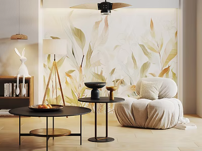 Modern Living Room Interior With Leafy Mural Bean Bag Chair And Stylish Side Table 3d model