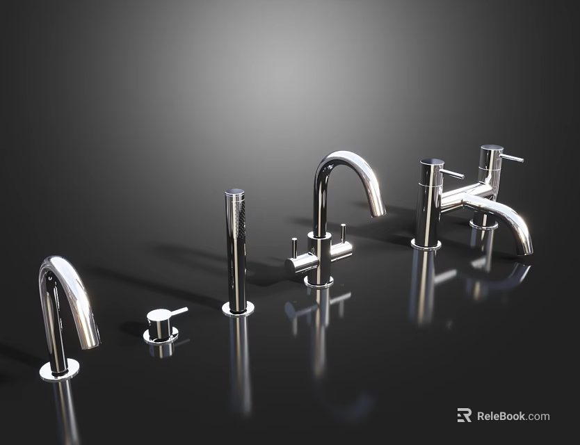 Silver Modern Faucet Collection With Various Styles On Dark Reflective Background 3d model