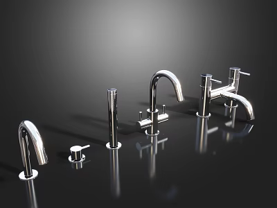 Silver Modern Faucet Collection With Various Styles On Dark Reflective Background 3d model