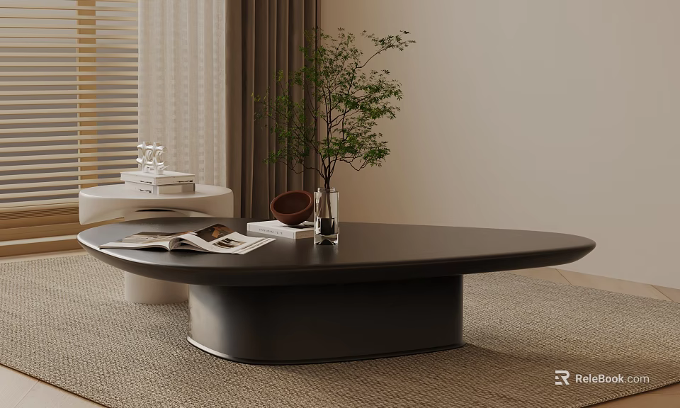 Modern Living Room Sofa Coffee Table Set With Black Table Magazines Vase And Plant 3d model 
