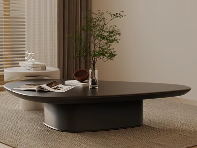 Modern Living Room Sofa Coffee Table Set With Black Table Magazines Vase And Plant 3d model