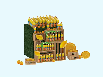 Vibrant Beverage Display With Stacked Yellow Bottles Fresh Oranges And Wooden Crates 3d model