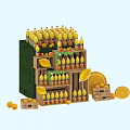 Vibrant Beverage Display With Stacked Yellow Bottles Fresh Oranges And Wooden Crates