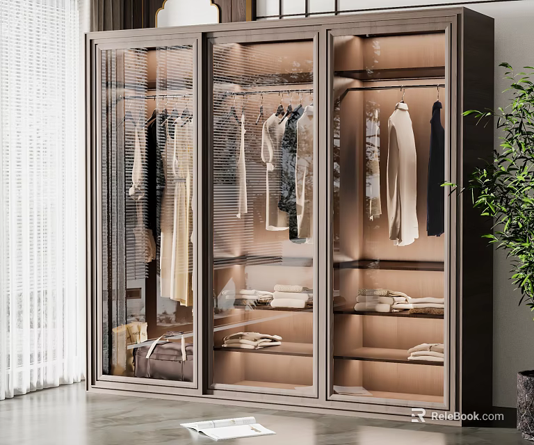 Modern Wardrobe with Glass Doors Featuring Hanging and Folded Clothes 3d model 