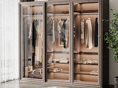 Modern Wardrobe with Glass Doors Featuring Hanging and Folded Clothes 3d model
