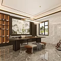 Duplex Living Room with High Ceiling Golden Chandelier Marble Floor and Brown Sofas