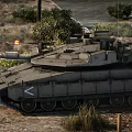 Military Tank Parked On Dirt Road With Trees And Distant Buildings