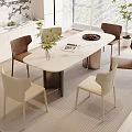 Modern Dining Table Set With Oval Marble Top Beige Brown Chairs Vase And Fruit Platter