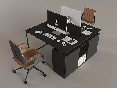 Modern Office Desk And Chair Set With Dual Monitors Keyboard And Documents 3d model