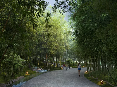 Tranquil Park Landscape With Bamboo Forest Pathway Stream Lights And Walkers 3d model
