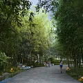 Tranquil Park Landscape With Bamboo Forest Pathway Stream Lights And Walkers 3d model