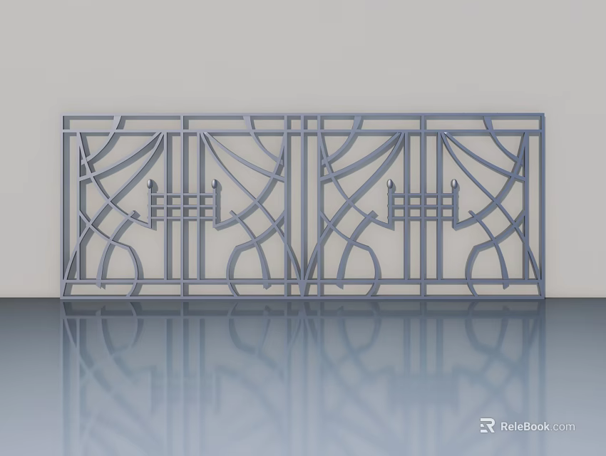 Gray Metal Hinged Door With Intricate Cutout Design And Decorative Patterns 3d model 