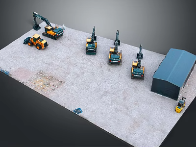 Toy Construction Vehicle Model Scene With Multiple Machinery And Small Shed On Paved Surface 3d model