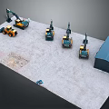 Toy Construction Vehicle Model Scene With Multiple Machinery And Small Shed On Paved Surface
