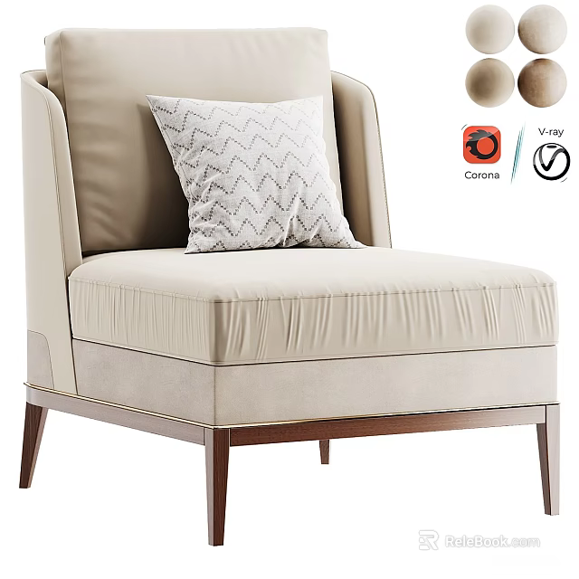 Beige Single Sofa With Zigzag Pattern Pillow And Wooden Legs Design 3d model 