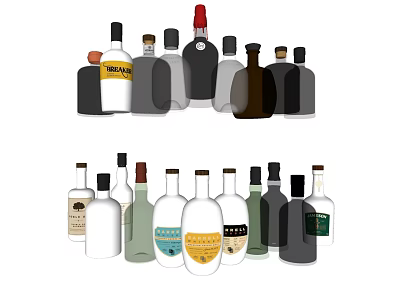 Assorted Wine Bottles and Glasses with Stylish Designs for Home Bar 3d model