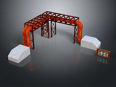 Red Metal Frame Structure With Orange Hanging Elements And White Stone Bases 3d model