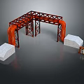 Red Metal Frame Structure With Orange Hanging Elements And White Stone Bases 3d model