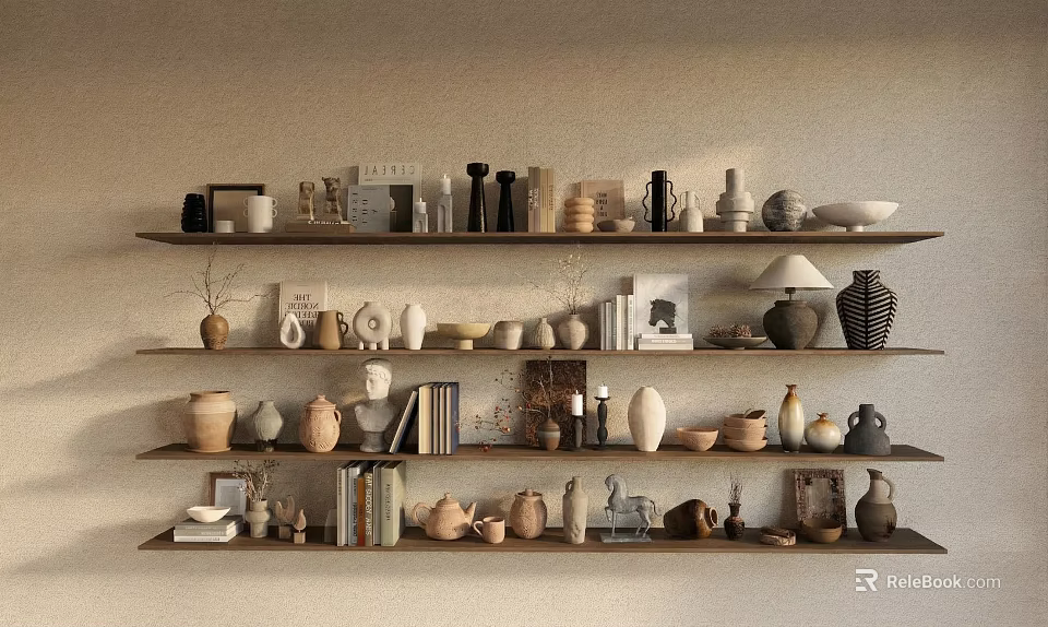 Decorative Ornaments and Figurines Display on Multi Layered Shelves for Home Decoration 3d model 