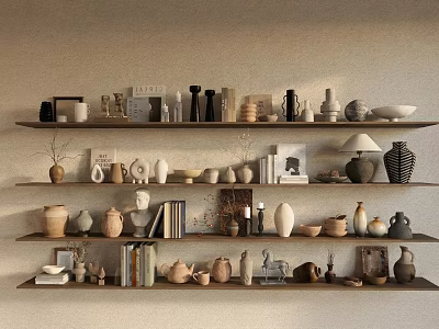 Decorative Ornaments and Figurines Display on Multi Layered Shelves for Home Decoration 3d model