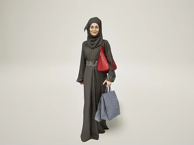 Woman in Black Abaya and Hijab Holding Red Bag and Blue Handbag Against Light Background 3d model