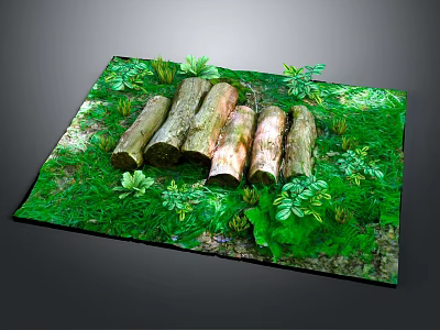 Natural Wooden Logs Placed on Green Mossy Grass with Fresh Leaves 3d model