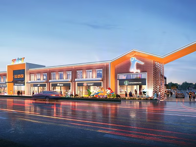 Bustling Commercial Street With Modern Architecture Shops Restaurants Illuminated Lights Pedestrians And Decorative Greenery 3d model