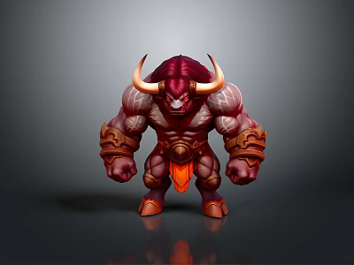 3D Rendered Bull Headed Muscular Character With Horns Orange Shorts And Arm Ornaments 3d model