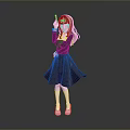 Anime Game Character With Pink White Hair Dark Dress White Socks Raised Finger Pose