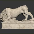 Detailed Marble Lion Sculpture In Reclining Pose With Open Mouth On Square Pedestal