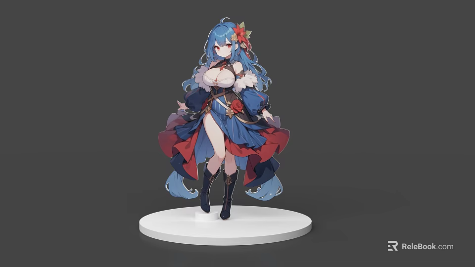 Game and Movie Character With Blue Long Hair Red Blue Outfit Flower Accessory And Boots 3d model 