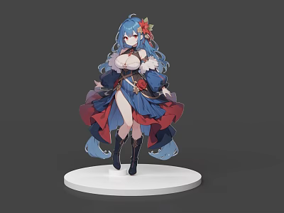 Game and Movie Character With Blue Long Hair Red Blue Outfit Flower Accessory And Boots 3d model