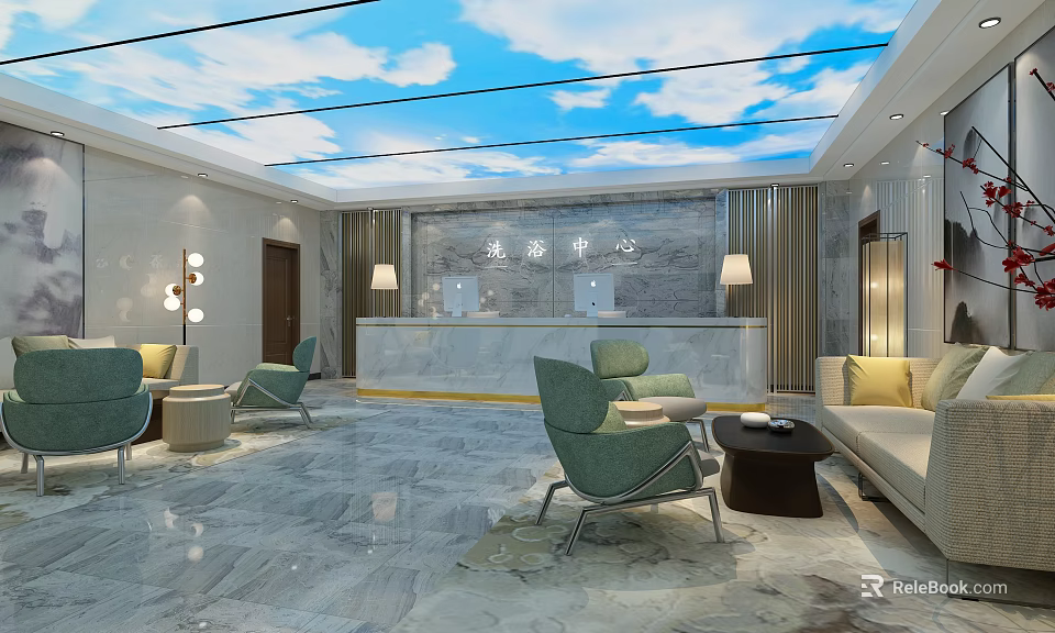 SPA Sauna Reception Modern Elegant Interior With Marble Floor Glass Ceiling And Comfortable Seating 3d model 