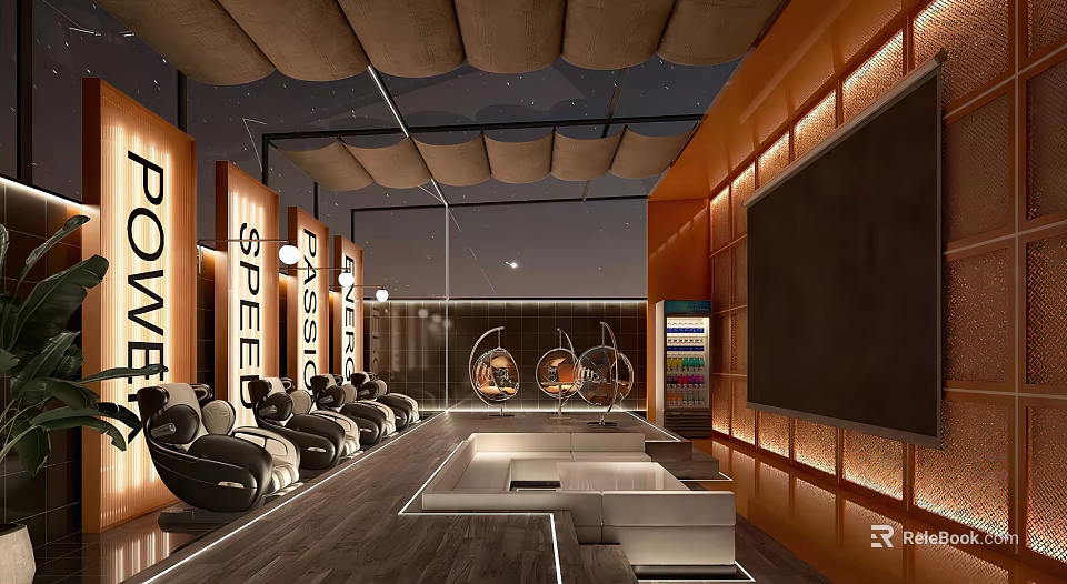 Modern Home Theater Interior With Leather Seats Large TV Wooden Panels And Vending Machine 3d model 