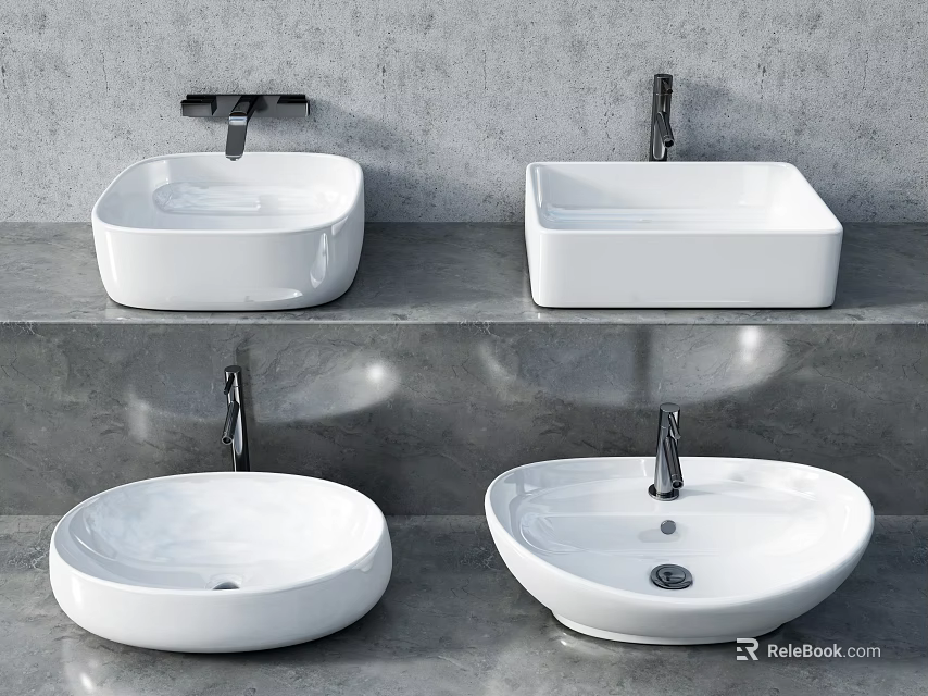 White Ceramic Washbasins with Different Shapes on Grey Concrete Countertop for Modern Bathroom Design 3d model 