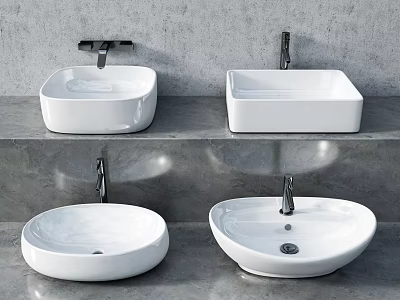 White Ceramic Washbasins with Different Shapes on Grey Concrete Countertop for Modern Bathroom Design 3d model
