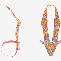 Summer Orange Floral Print Halter Bikini Top and Bottom Set