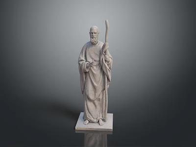 Man Statue In Long Robe Holding Staff On Square Stone Base 3d model