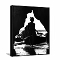 Black and White Figure Paintings With Seagull Flock Cave Silhouette And Light Reflection On Water