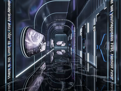 Modern KTV Interior With Neon Lights LED Screens Futuristic Corridor And Reflective Floor 3d model