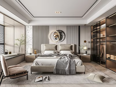Elegant Modern Bedroom Interior With Large Bed Round Mirror Nightstands And Soft Rug 3d model