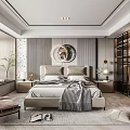 Elegant Modern Bedroom Interior With Large Bed Round Mirror Nightstands And Soft Rug
