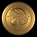 Golden Circular Jewelry Pendant Featuring Female Profile With Curled Hair Bun And Laurel Leaves